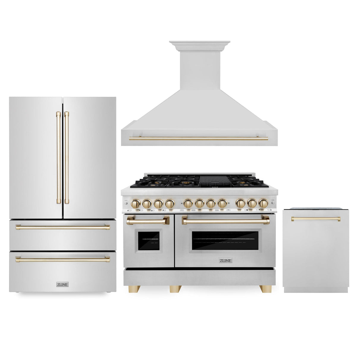 ZLINE 48" Autograph Edition Kitchen Package with Stainless Steel Dual Fuel Range, Range Hood, Dishwasher and Refrigeration with Polished Gold Accents (4KAPR-RARHDWM48-G) - (4KAPRRARHDWM48G)