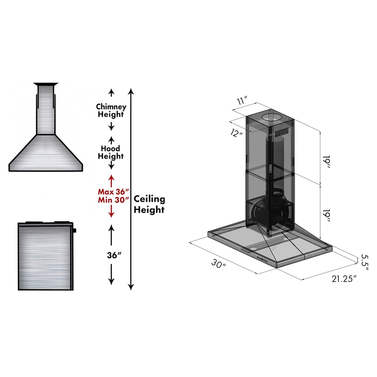 ZLINE Convertible Vent Island Mount Range Hood in Black Stainless Steel (BSGL2iN) - (BSGL2IN36)