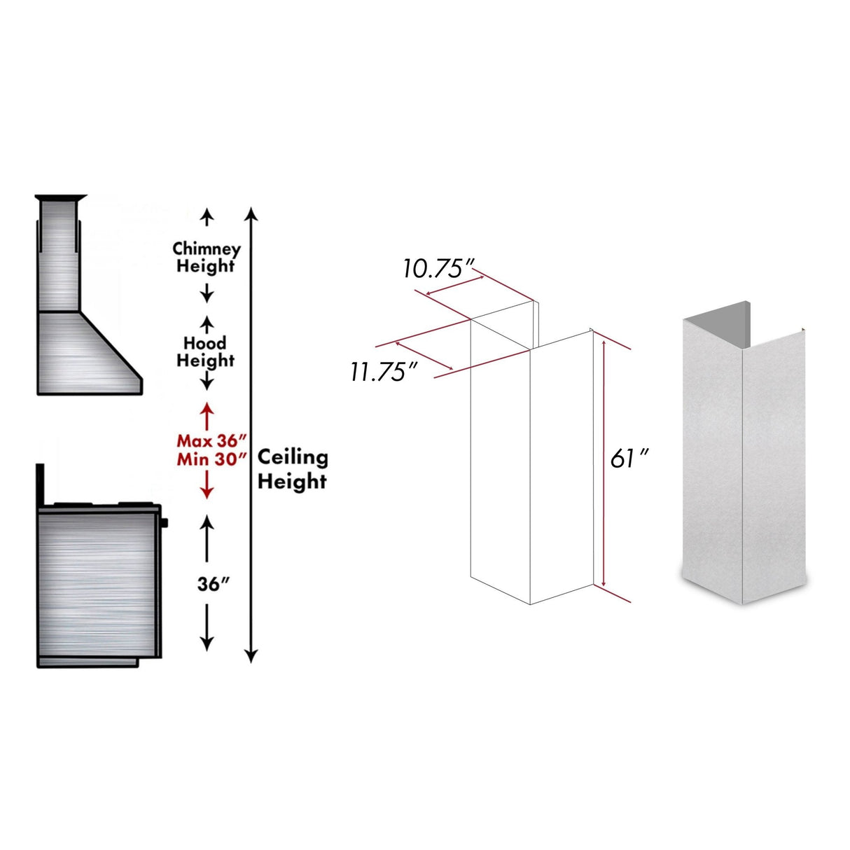 ZLINE 61 in. DuraSnow Stainless Steel Chimney Extension for Ceilings up to 12.5 ft. (8KES-E) - (8KESE)