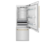 Products ZLINE 30? Autograph Edition 16.1 cu. ft. Built-in 2-Door Bottom Freezer Refrigerator with Internal Water and Ice Dispenser in Stainless Steel with Polished Gold Accents (RBIVZ-304-30-G) - (RBIVZ30430G)