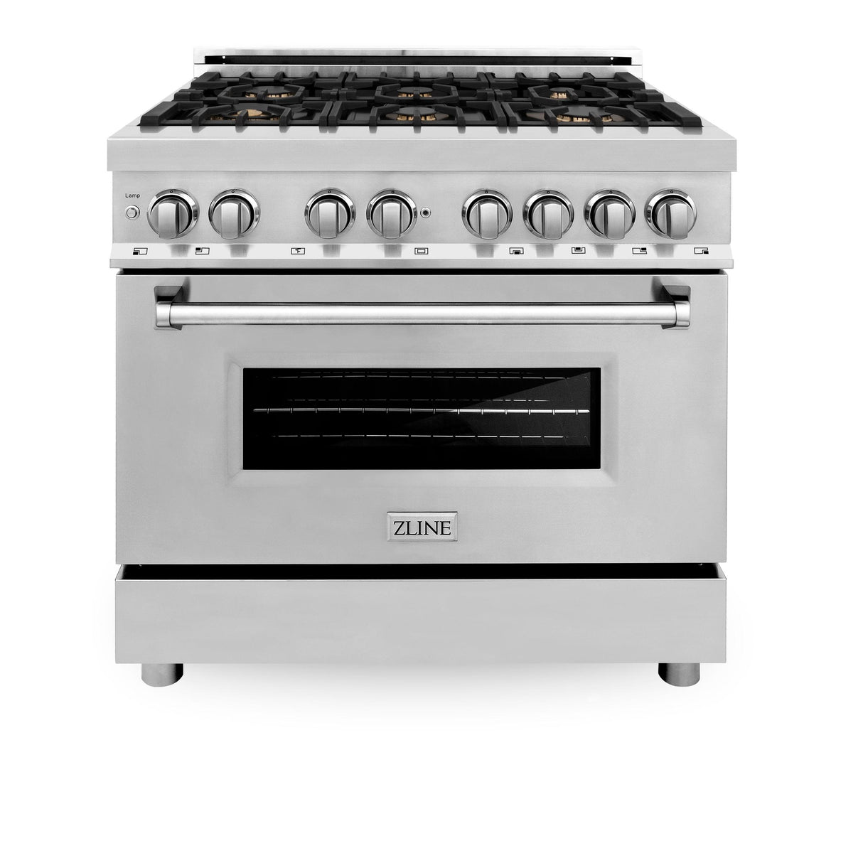 ZLINE 36 in. 4.6 cu. ft. Electric Oven and Gas Cooktop Dual Fuel Range with Griddle and Brass Burners in Stainless Steel (RA-BR-GR-36) - (RABRGR36)