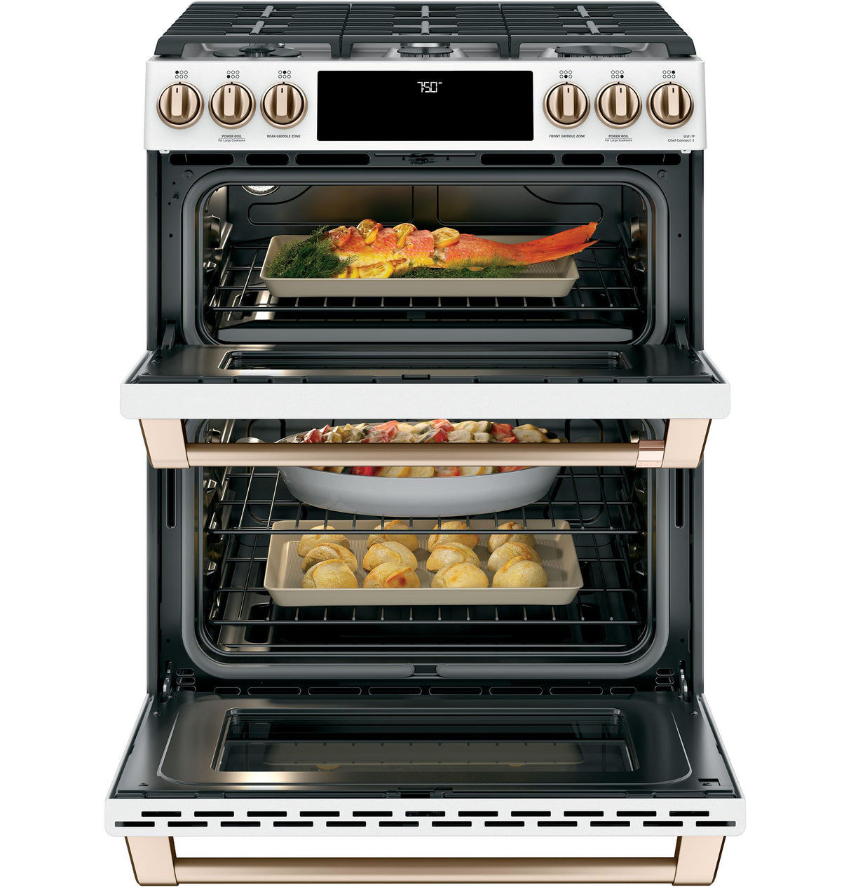 Caf(eback)(TM) 30" Smart Slide-In, Front-Control, Gas Double-Oven Range with Convection - (CGS750P4MW2)