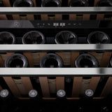 ZLINE 24" Autograph Edition Dual Zone 44-Bottle Wine Cooler in Stainless Steel with Wood Shelf and Polished Gold Accents (RWVZ-UD-24-G) - (RWVZUD24G)