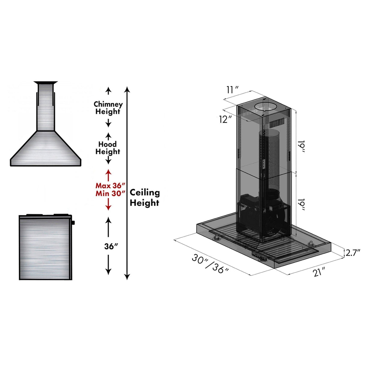 ZLINE Convertible Island Mount Range Hood in Black Stainless Steel (BSKE2iN) - (BSKE2IN30)