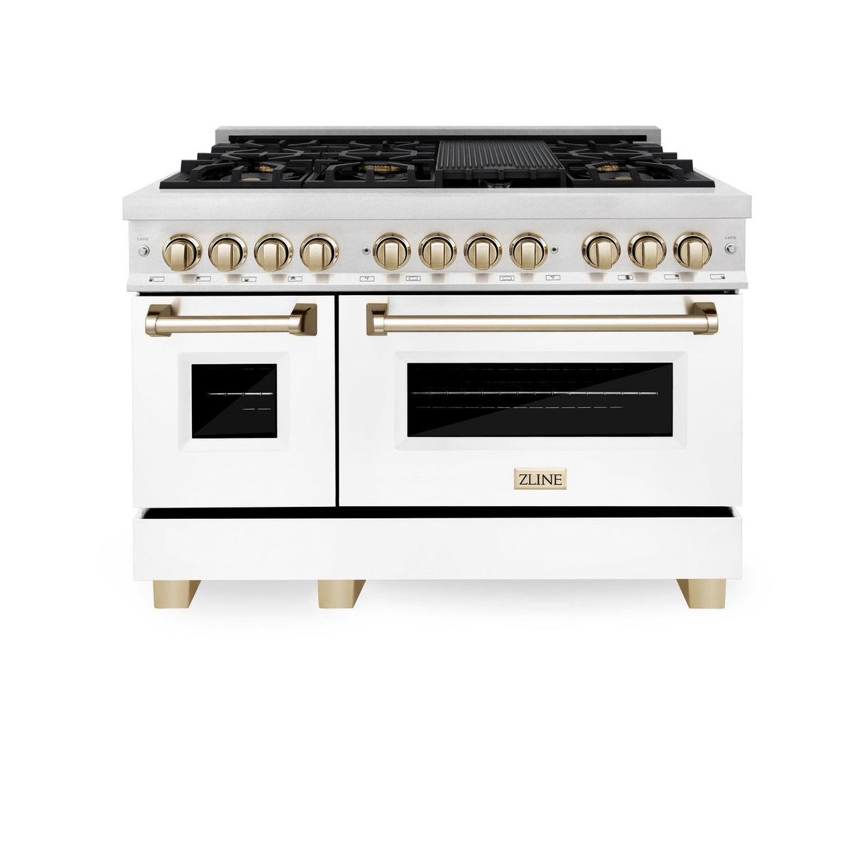 ZLINE Autograph Edition 48" 6.0 cu. ft. Dual Fuel Range with Gas Stove and Electric Oven in DuraSnow Stainless Steel with White Matte Door with Accents (RASZ-WM-48) [Color: Gold] - (RASZWM48G)