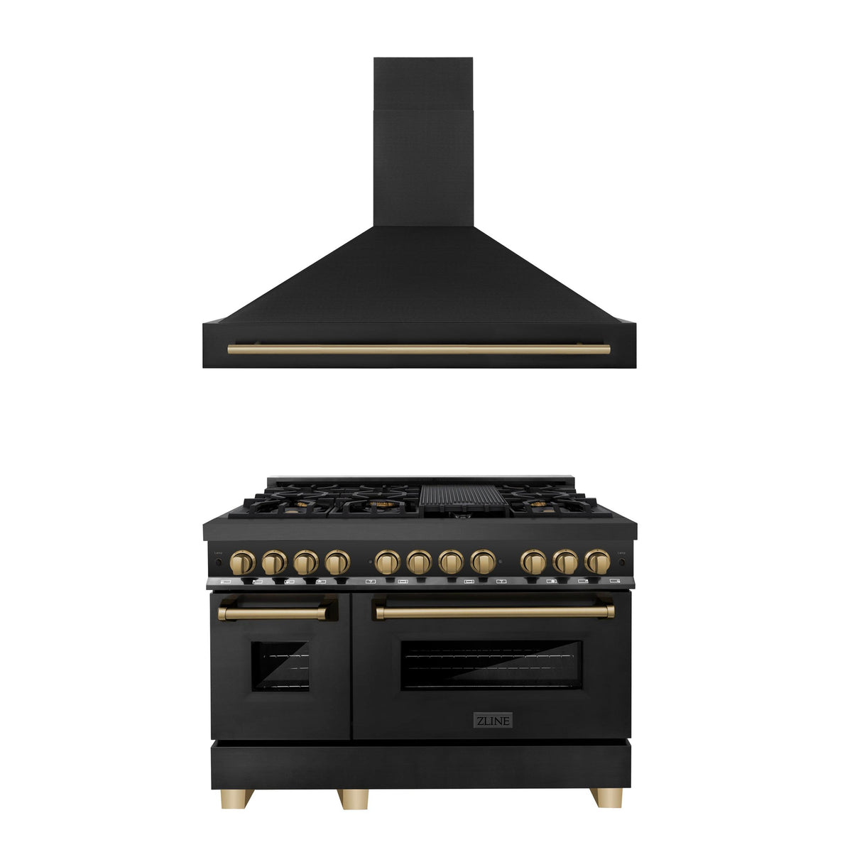 ZLINE 48" Autograph Edition Kitchen Package with Black Stainless Steel Dual Fuel Range and Range Hood with Champagne Bronze Accents (2AKP-RABRH48-CB) - (2AKPRABRH48CB)