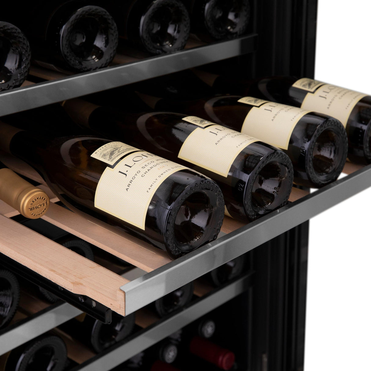 ZLINE 24" Autograph Edition Dual Zone 44-Bottle Wine Cooler in Stainless Steel with Wood Shelf and Polished Gold Accents (RWVZ-UD-24-G) - (RWVZUD24G)