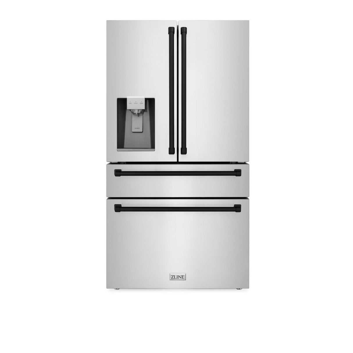 ZLINE 36" Autograph Edition 21.6 cu. ft 4-Door French Door Refrigerator with Water and Ice Dispenser in Fingerprint Resistant Stainless Steel with Traditional Handles [Color: Matte Black Accents] - (RFMZW36MB)