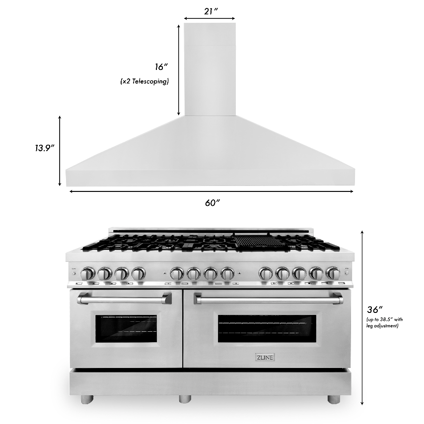 ZLINE 60 in. Kitchen Package with Stainless Steel Dual Fuel Range and Convertible Vent Range Hood (2KP-RARH60) - (2KPRARH60)