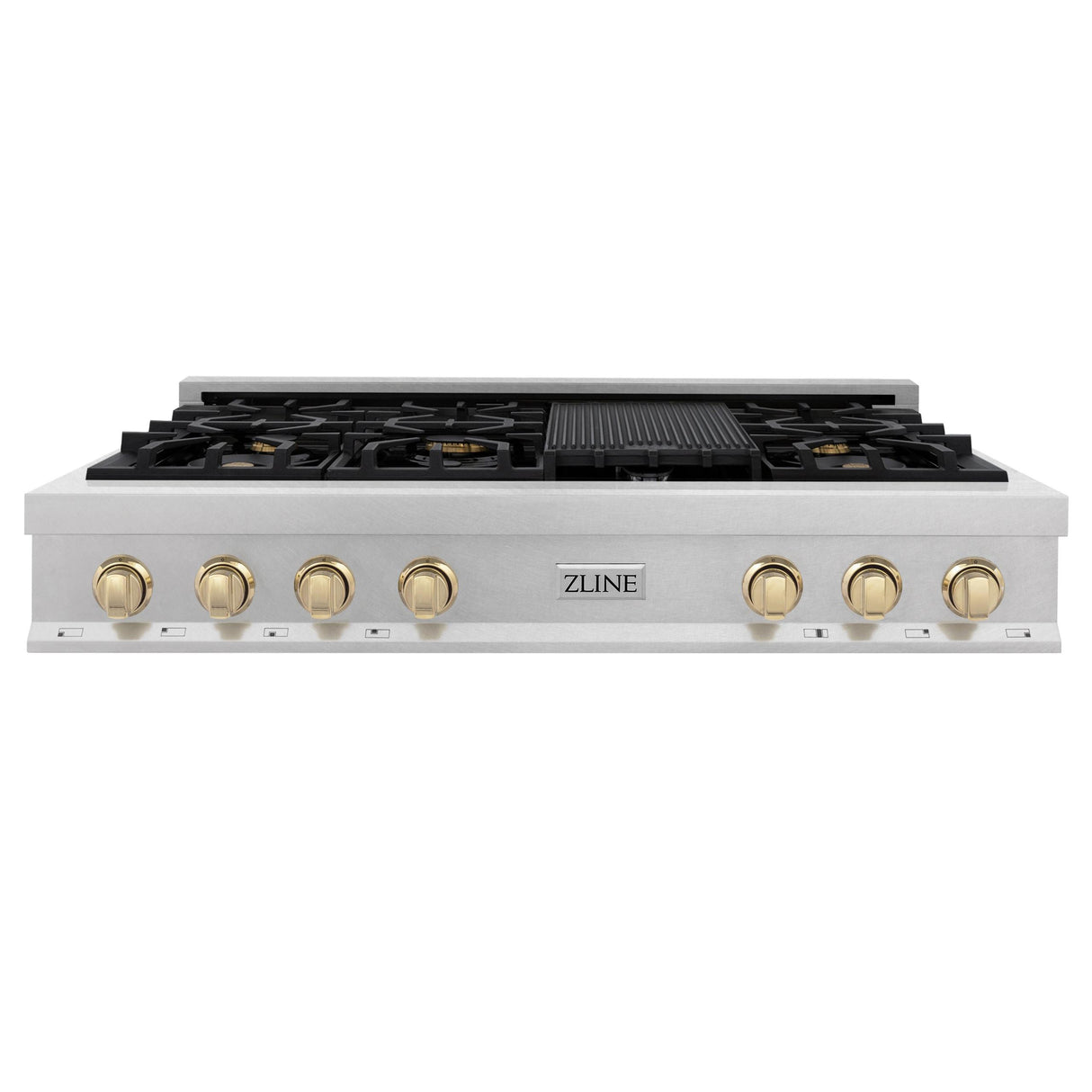 ZLINE Autograph Edition 48" Porcelain Rangetop with 7 Gas Burners in Fingerprint Resistant Stainless Steel and Polished Gold Accents (RTSZ-48-G) - (RTSZ48G)