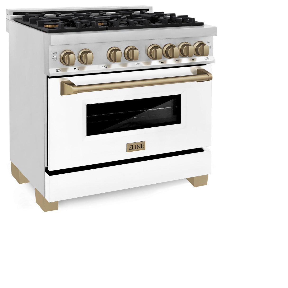 ZLINE Autograph Edition 36" 4.6 cu. ft. Dual Fuel Range with Gas Stove and Electric Oven in Stainless Steel with White Matte Door and Accents (RAZ-WM-36) [Color: Champagne Bronze] - (RAZWM36CB)