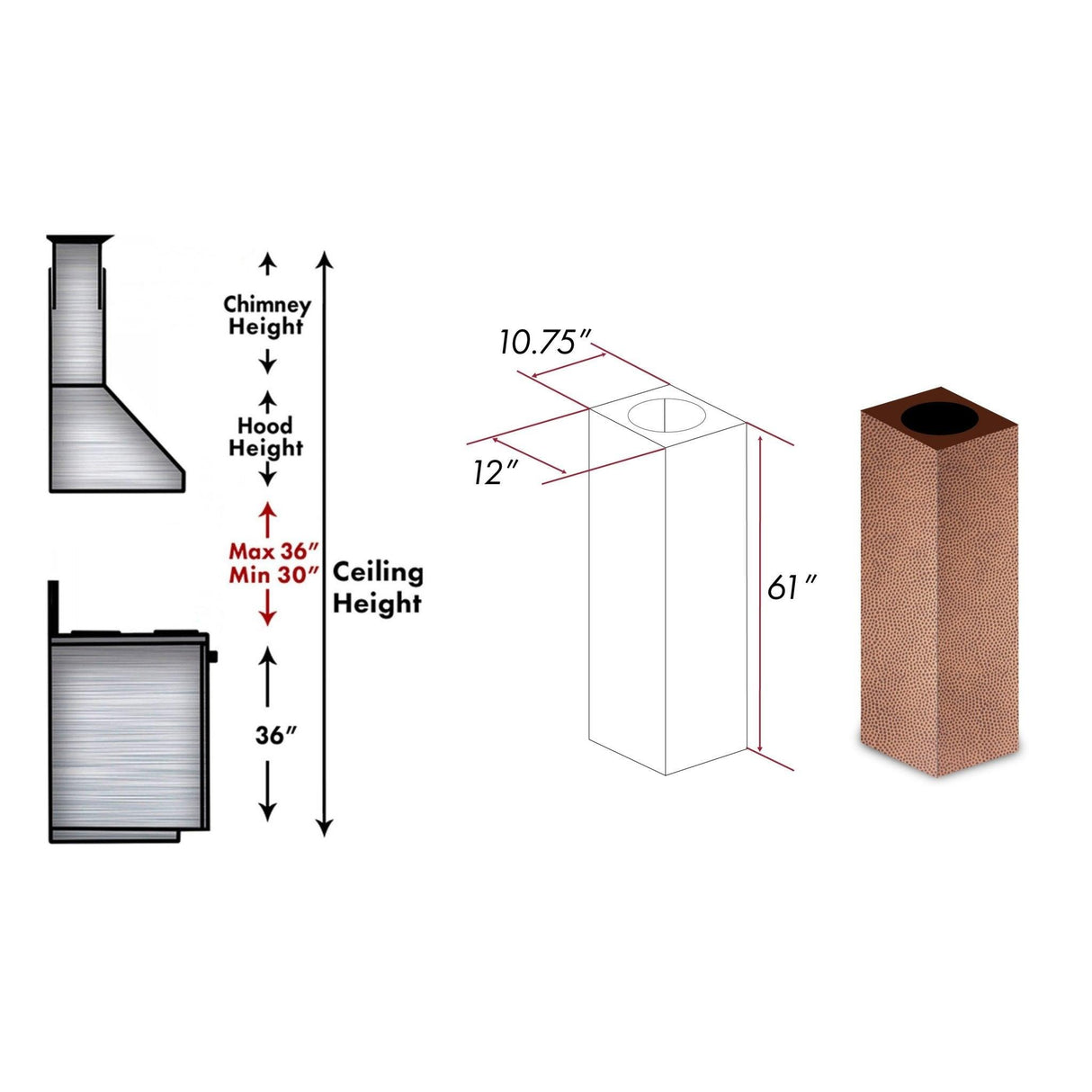 ZLINE 61 in. Hand Hammered Copper Finished Chimney Extension for Ceilings up to 12.5 ft. (8GL2Hi-E) - (8GL2HIE)