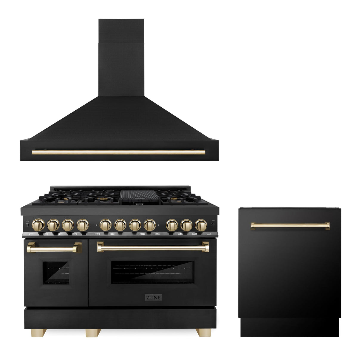 ZLINE 48" Autograph Edition Kitchen Package with Black Stainless Steel Dual Fuel Range, Range Hood and Dishwasher with Polished Gold Accents (3AKP-RABRHDWV48-G) - (3AKPRABRHDWV48G)