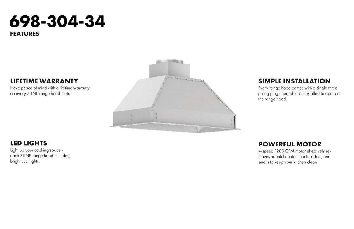 ZLINE 34 in. Ducted Wall Mount Range Hood Insert in Outdoor Approved Stainless Steel (698-304) - (69830434)