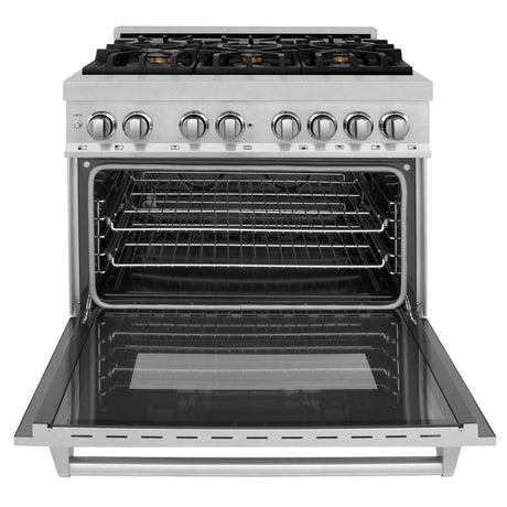 ZLINE 36 in. Professional Dual Fuel Range in DuraSnow Stainless Steel with Color Door Finishes [Color: DuraSnow Stainless Steel with Brass Burners] - (RASSNBR36)