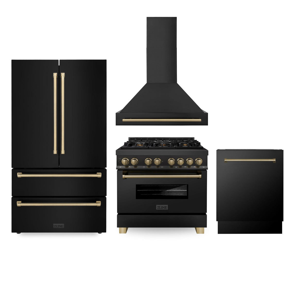 ZLINE 36" Autograph Edition Kitchen Package with Black Stainless Steel Dual Fuel Range, Range Hood, Dishwasher and Refrigeration with Champagne Bronze Accents (4AKPR-RABRHDWV36-CB) - (4AKPRRABRHDWV36CB)