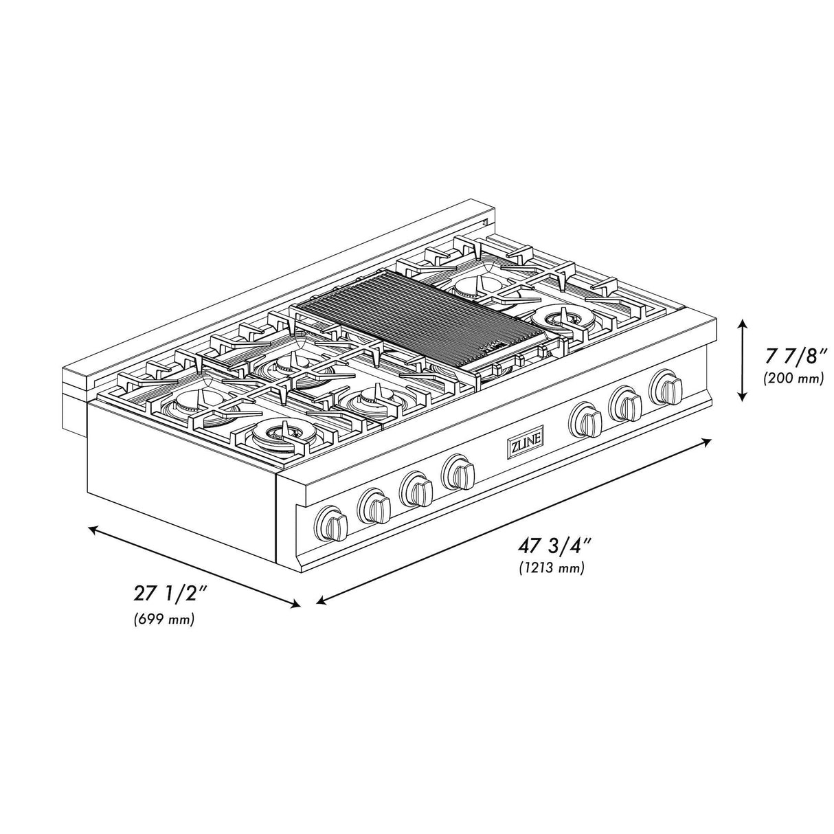 ZLINE Autograph Edition 48" Porcelain Rangetop with 7 Gas Burners in Fingerprint Resistant Stainless Steel and Matte Black Accents (RTSZ-48-MB) - (RTSZ48MB)