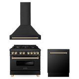 ZLINE 36" Autograph Edition Kitchen Package with Black Stainless Steel Dual Fuel Range, Range Hood and Dishwasher with Polished Gold Accents (3AKP-RABRHDWV36-G) - (3AKPRABRHDWV36G)