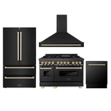 ZLINE 48" Autograph Edition Kitchen Package with Black Stainless Steel Dual Fuel Range, Range Hood, Dishwasher and Refrigeration with Polished Gold Accents (4AKPR-RABRHDWV48-G) - (4AKPRRABRHDWV48G)