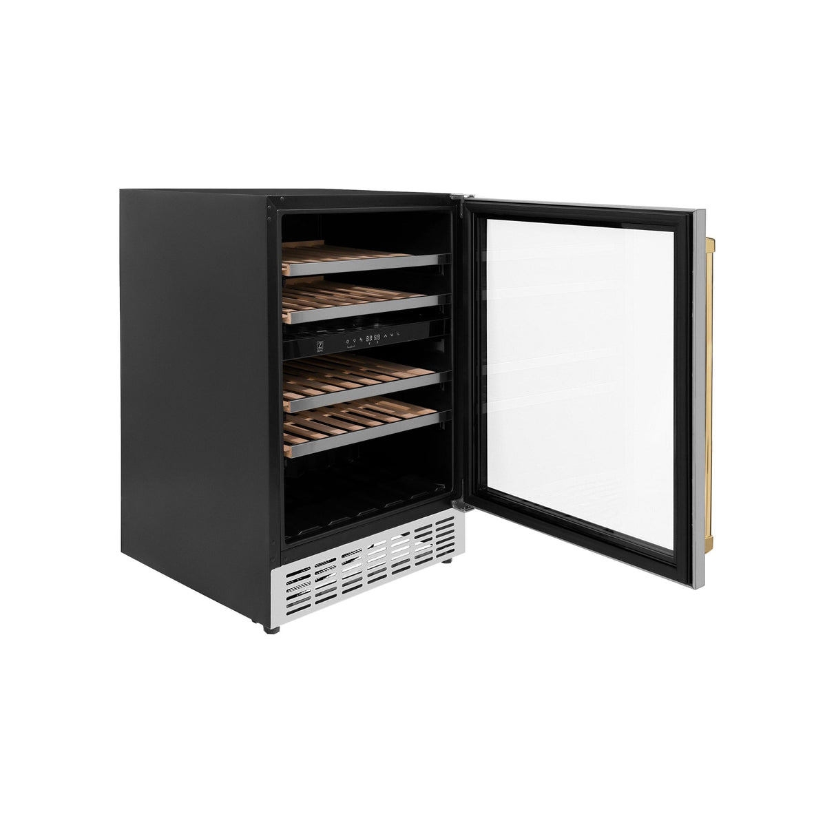 ZLINE 24" Autograph Edition Dual Zone 44-Bottle Wine Cooler in Stainless Steel with Wood Shelf and Polished Gold Accents (RWVZ-UD-24-G) - (RWVZUD24G)