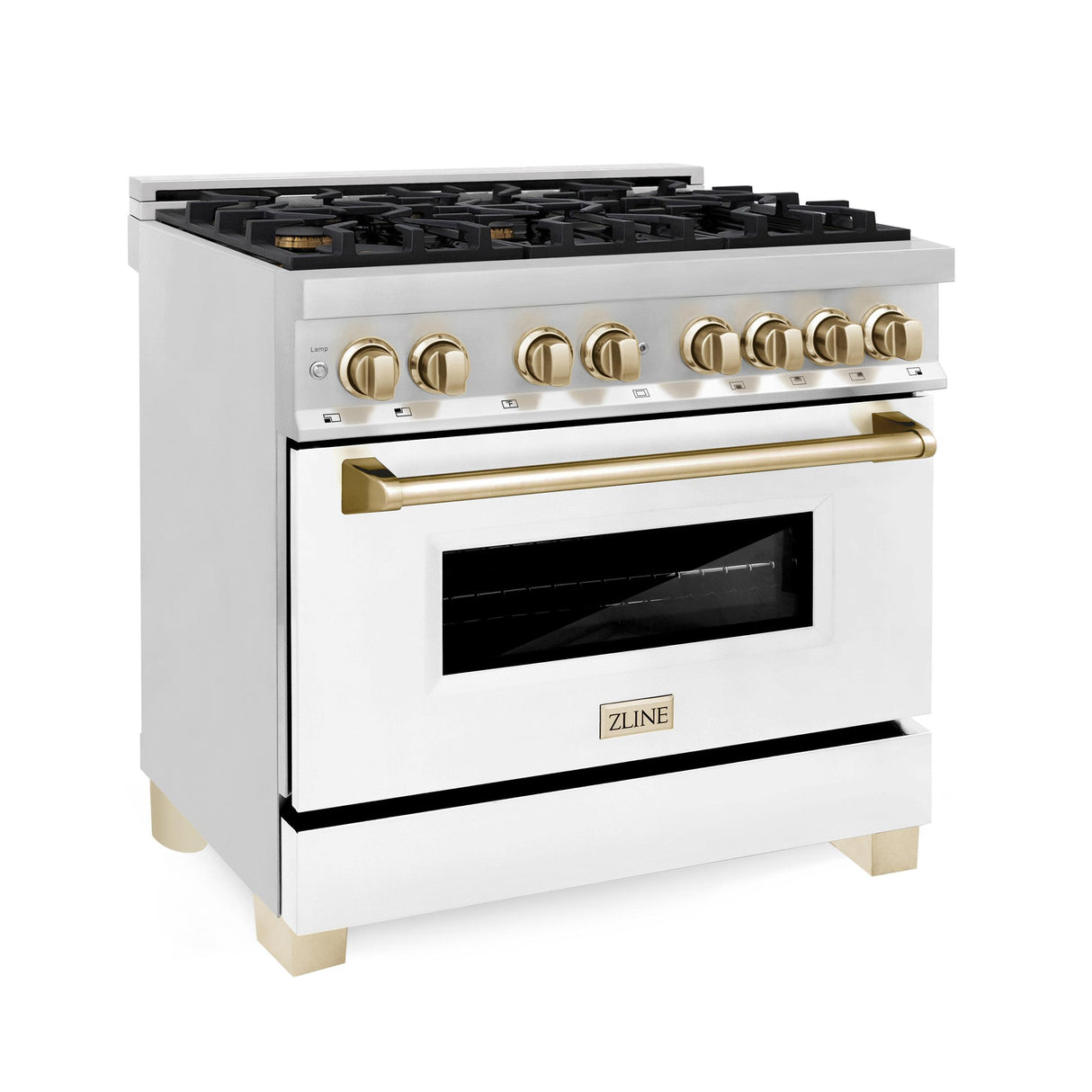 ZLINE Autograph Edition 36" 4.6 cu. ft. Dual Fuel Range with Gas Stove and Electric Oven in Stainless Steel with White Matte Door and Accents (RAZ-WM-36) [Color: Polished Gold Accents] - (RAZWM36G)