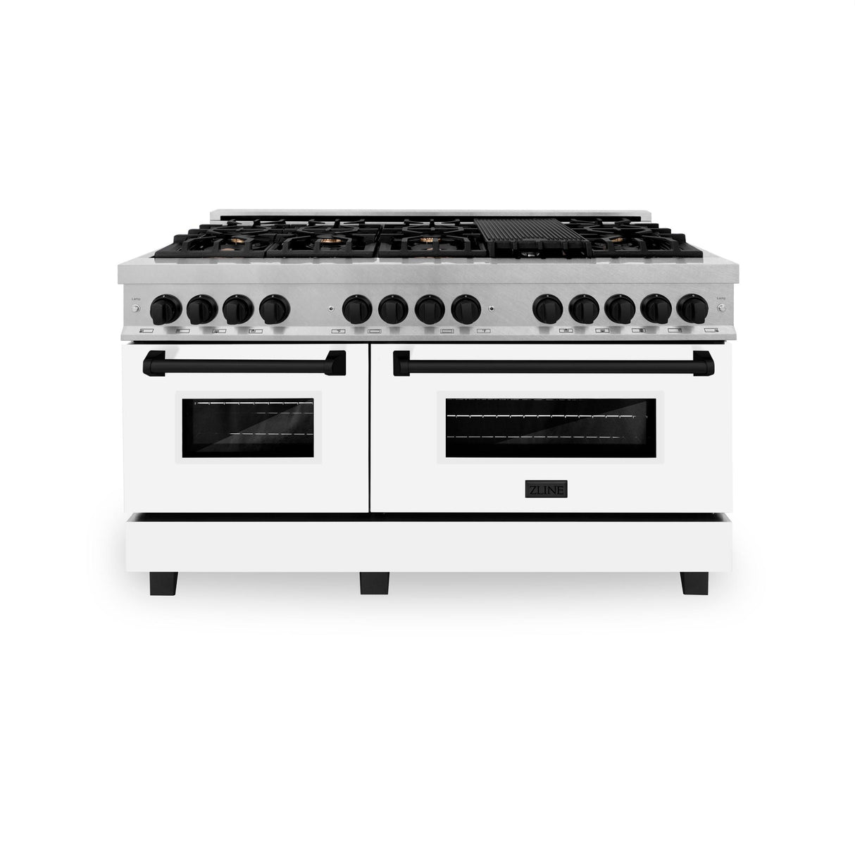 ZLINE Autograph Edition 60 in. 7.4 cu. ft. Dual Fuel Range with Gas Stove and Electric Oven in DuraSnow Stainless Steel with White Matte Door and Accents (RASZ-WM-60) [Color: Matte Black Accents] - (RASZWM60MB)