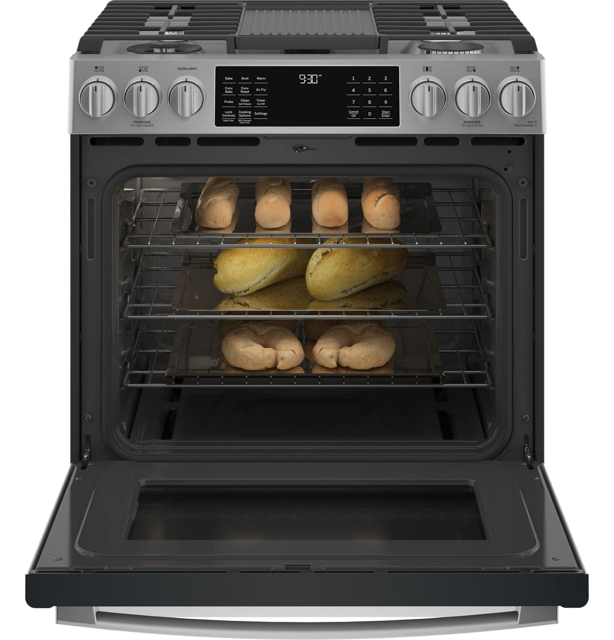 GE Profile(TM) 30" Smart Slide-In Front-Control Gas Fingerprint Resistant Range with No Preheat Air Fry - (PGS930YPFS)