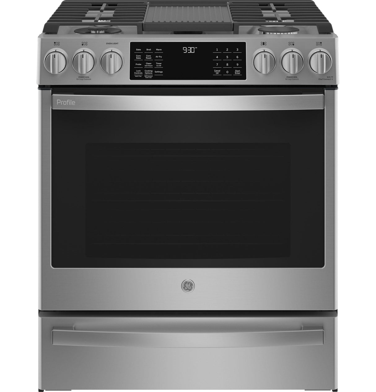 GE Profile(TM) 30" Smart Slide-In Front-Control Gas Fingerprint Resistant Range with No Preheat Air Fry - (PGS930YPFS)