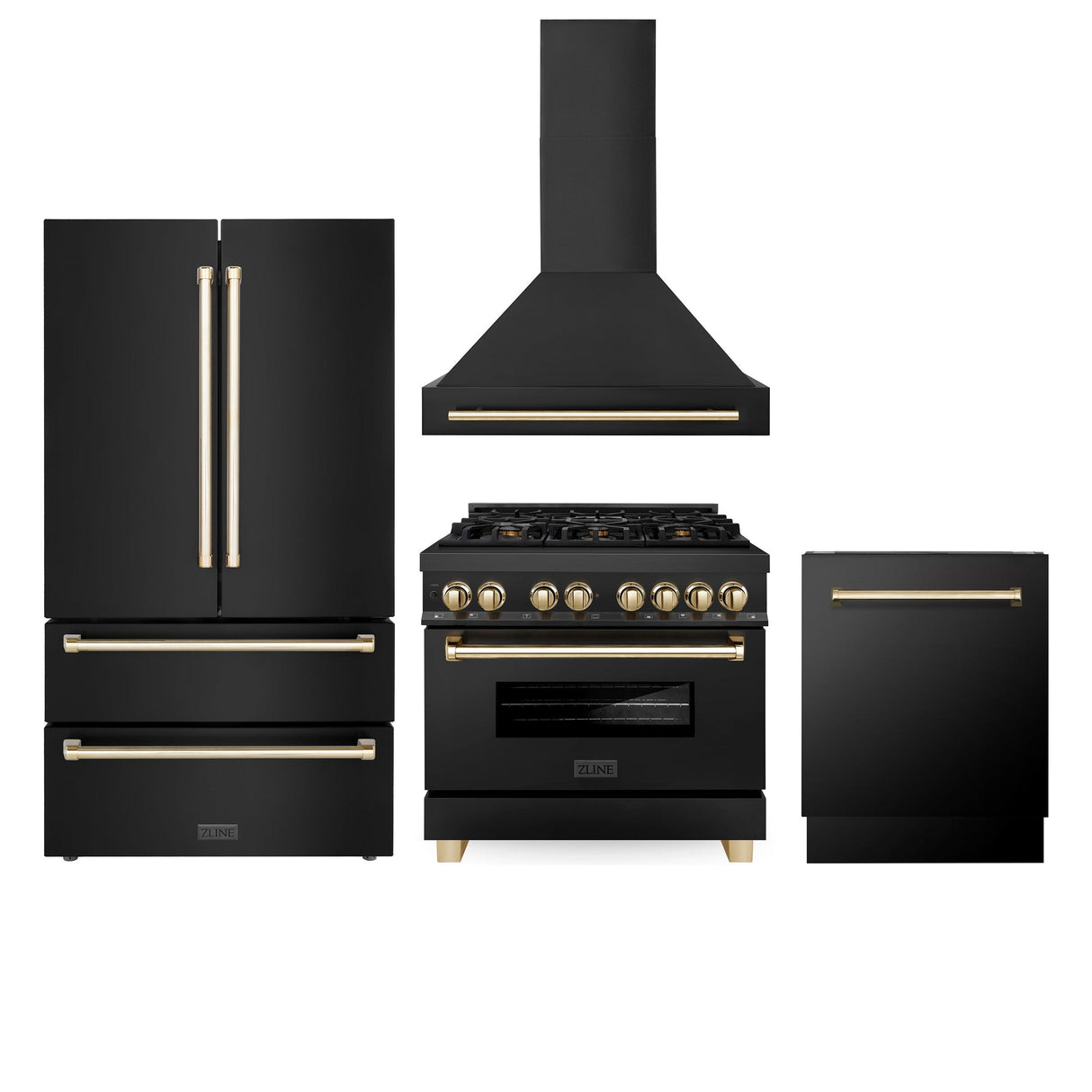 ZLINE 36" Autograph Edition Kitchen Package with Black Stainless Steel Dual Fuel Range, Range Hood, Dishwasher and Refrigeration with Polished Gold Accents (4AKPR-RABRHDWV36-G) - (4AKPRRABRHDWV36G)