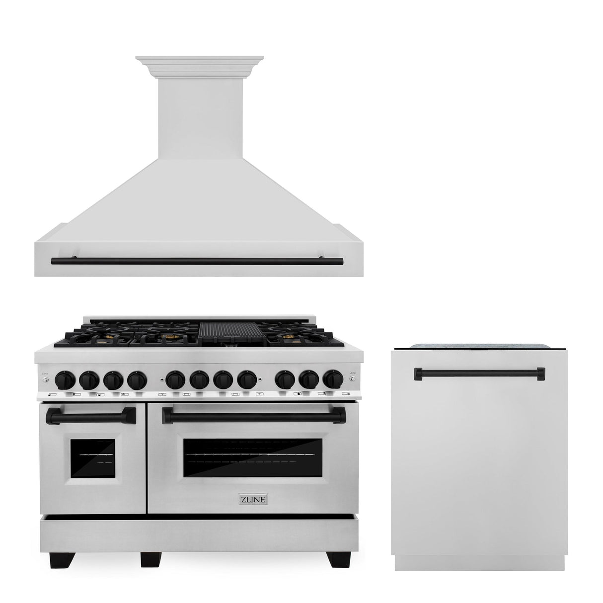 ZLINE 48" Autograph Edition Kitchen Package with Stainless Steel Dual Fuel Range, Range Hood and Dishwasher with Matte Black Accents (3AKP-RARHDWM48-MB) - (3AKPRARHDWM48MB)