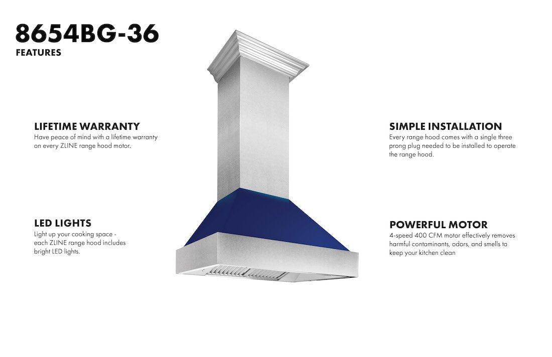 ZLINE Ducted DuraSnow Stainless Steel Range Hood with Blue Gloss Shell (8654BG) - (8654BG36)