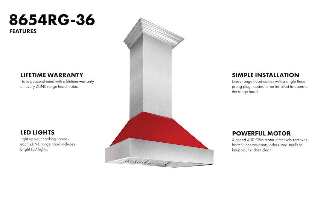 ZLINE Ducted DuraSnow Stainless Steel Range Hood with Red Gloss Shell (8654RG) - (8654RG30)