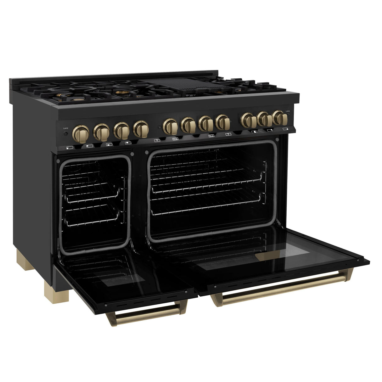 ZLINE Autograph Edition 48" 6.0 cu. ft. Dual Fuel Range with Gas Stove and Electric Oven in Black Stainless Steel with Accents (RABZ-48) [Color: Champagne Bronze] - (RABZ48CB)