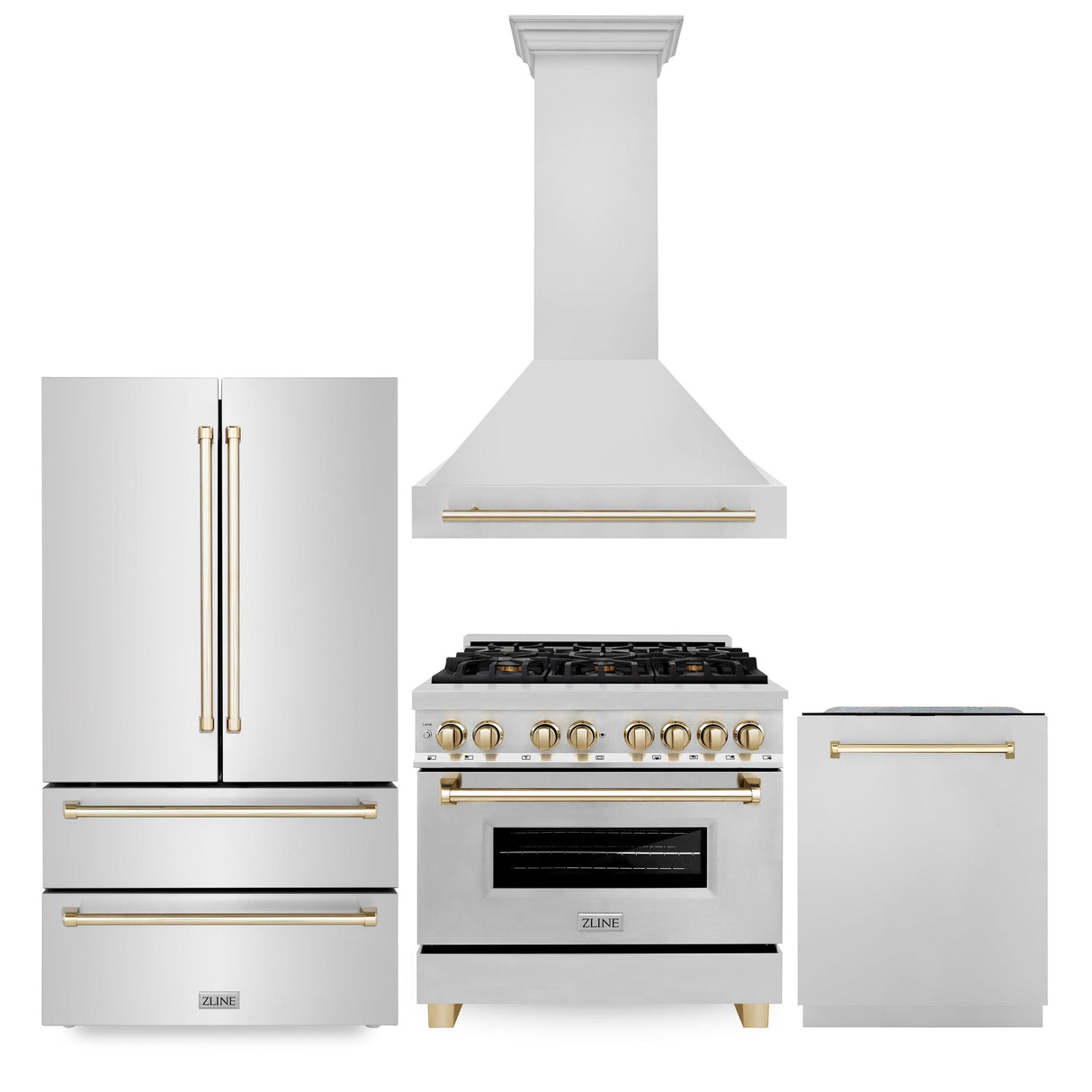 ZLINE 36" Autograph Edition Kitchen Package with Stainless Steel Dual Fuel Range, Range Hood, Dishwasher and Refrigeration with Polished Gold Accents (4KAPR-RARHDWM36-G) - (4KAPRRARHDWM36G)