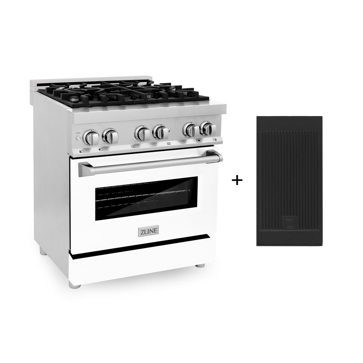 ZLINE 30 in. 4.0 cu. ft. Electric Oven and Gas Cooktop Dual Fuel Range with Griddle and White Matte Door in Stainless Steel (RA-WM-GR-30) - (RAWMGR30)