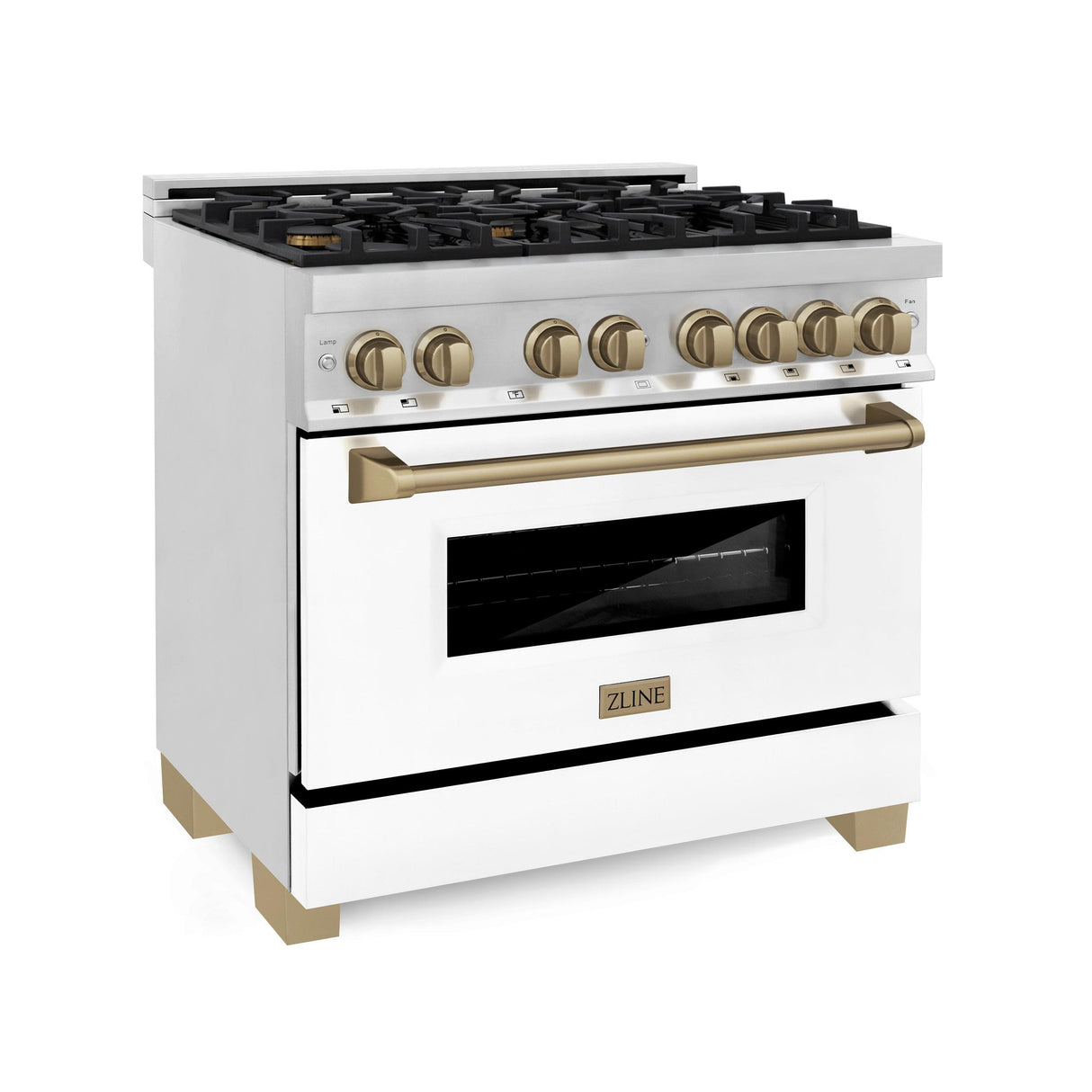 ZLINE Autograph Edition 36" 4.6 cu. ft. Dual Fuel Range with Gas Stove and Electric Oven in Stainless Steel with White Matte Door and Accents (RAZ-WM-36) [Color: Champagne Bronze] - (RAZWM36CB)