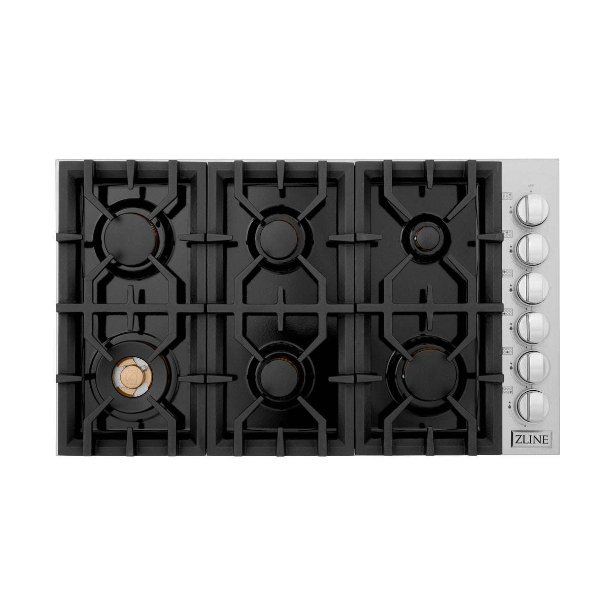 ZLINE 36" Gas Cooktop with 6 Gas Brass Burners and Black Porcelain Top (RC-BR-36-PBT) - (RCBR36PBT)