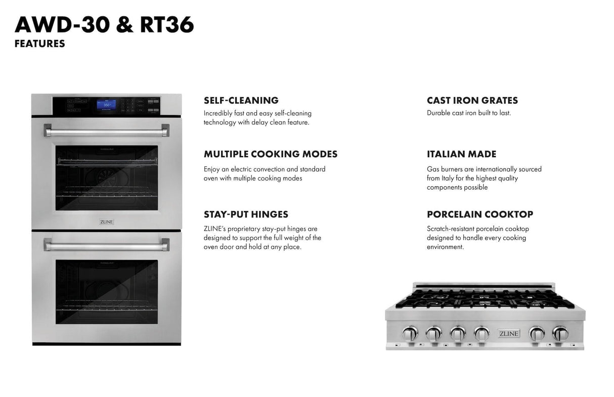 ZLINE Kitchen Package with 36 in. Stainless Steel Rangetop and 30 in. Double Wall Oven (2KP-RTAWD36) - (2KPRTAWD36)