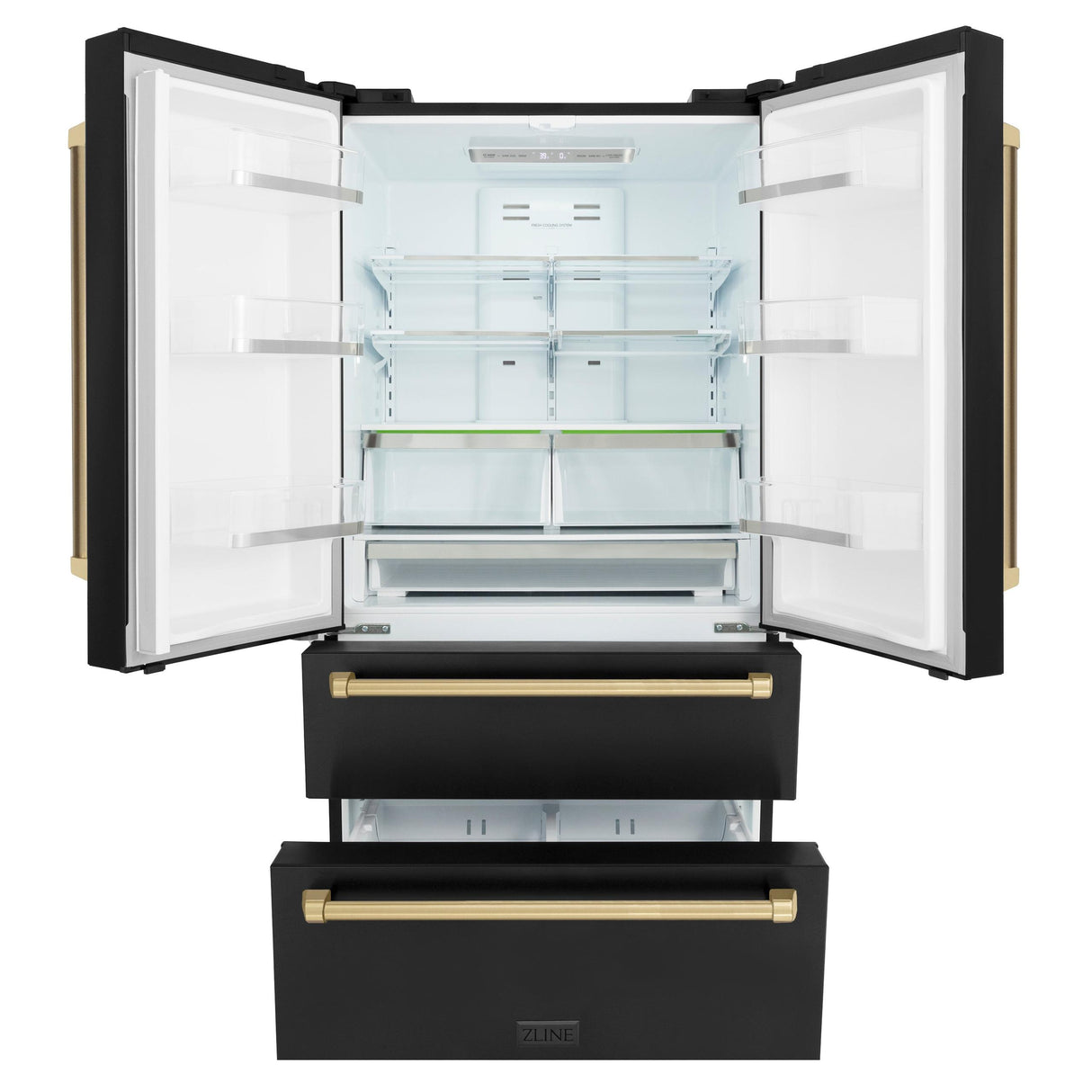 ZLINE 36" Autograph Edition 22.5 cu. ft 4-Door French Door Refrigerator with Ice Maker in Fingerprint Resistant Black Stainless Steel with Traditional Handles (RFMZ-36-BS-CB) [Color: Champagne Bronze Accents] - (RFMZ36BSCB)