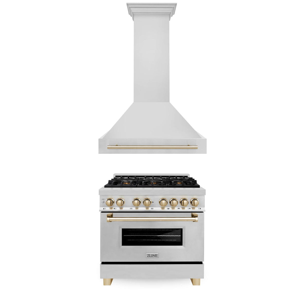 ZLINE 36" Autograph Edition Kitchen Package with Stainless Steel Dual Fuel Range and Range Hood with Polished Gold Accents (2AKP-RARH36-G) - (2AKPRARH36G)