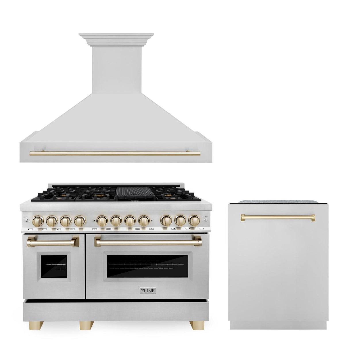 ZLINE 48" Autograph Edition Kitchen Package with Stainless Steel Dual Fuel Range, Range Hood and Dishwasher with Champagne Bronze Accents (3AKP-RARHDWM48-CB) - (3AKPRARHDWM48CB)