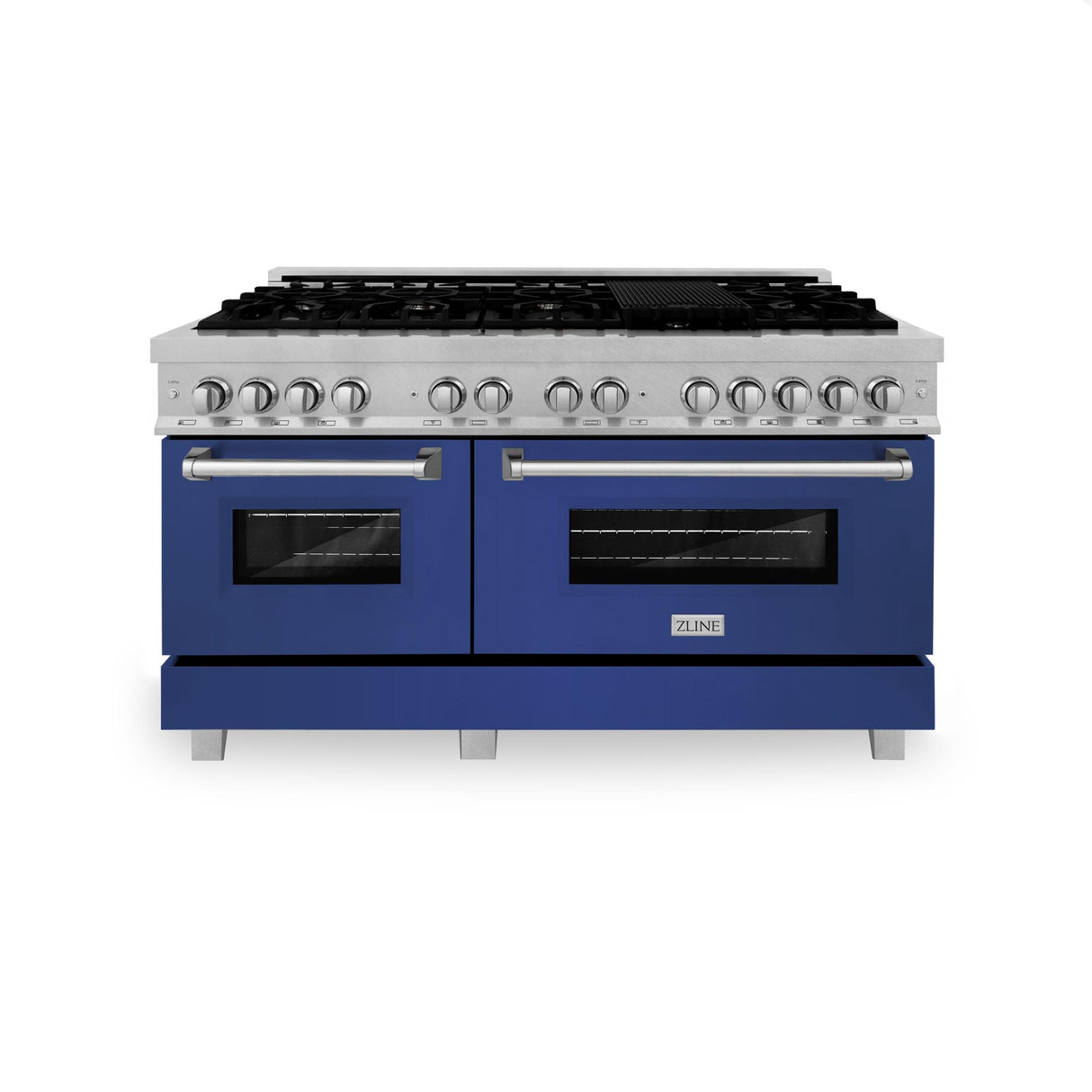 ZLINE 60 in. 7.4 cu. ft. Dual Fuel Range with Gas Stove and Electric Oven in DuraSnow Stainless Steel and Colored Door Options (RAS-60) [Color: DuraSnow Stainless Steel with Blue Matte Door] - (RASBM60)