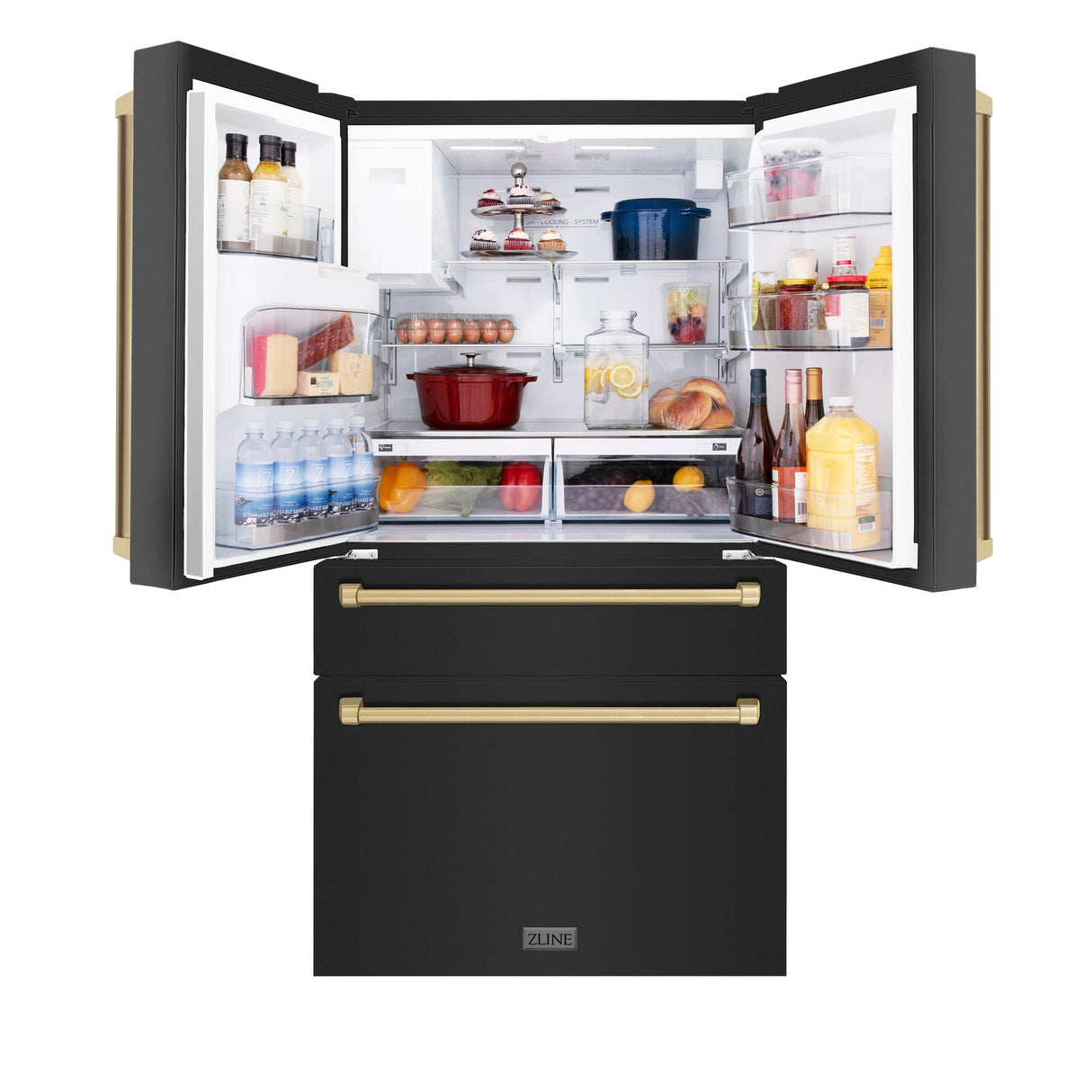 ZLINE 36" Autograph Edition 21.6 cu. ft 4-Door French Door Refrigerator with Water and Ice Dispenser in Fingerprint Resistant Black Stainless Steel with Traditional Handles [Color: Champagne Bronze Accents] - (RFMZW36BSCB)