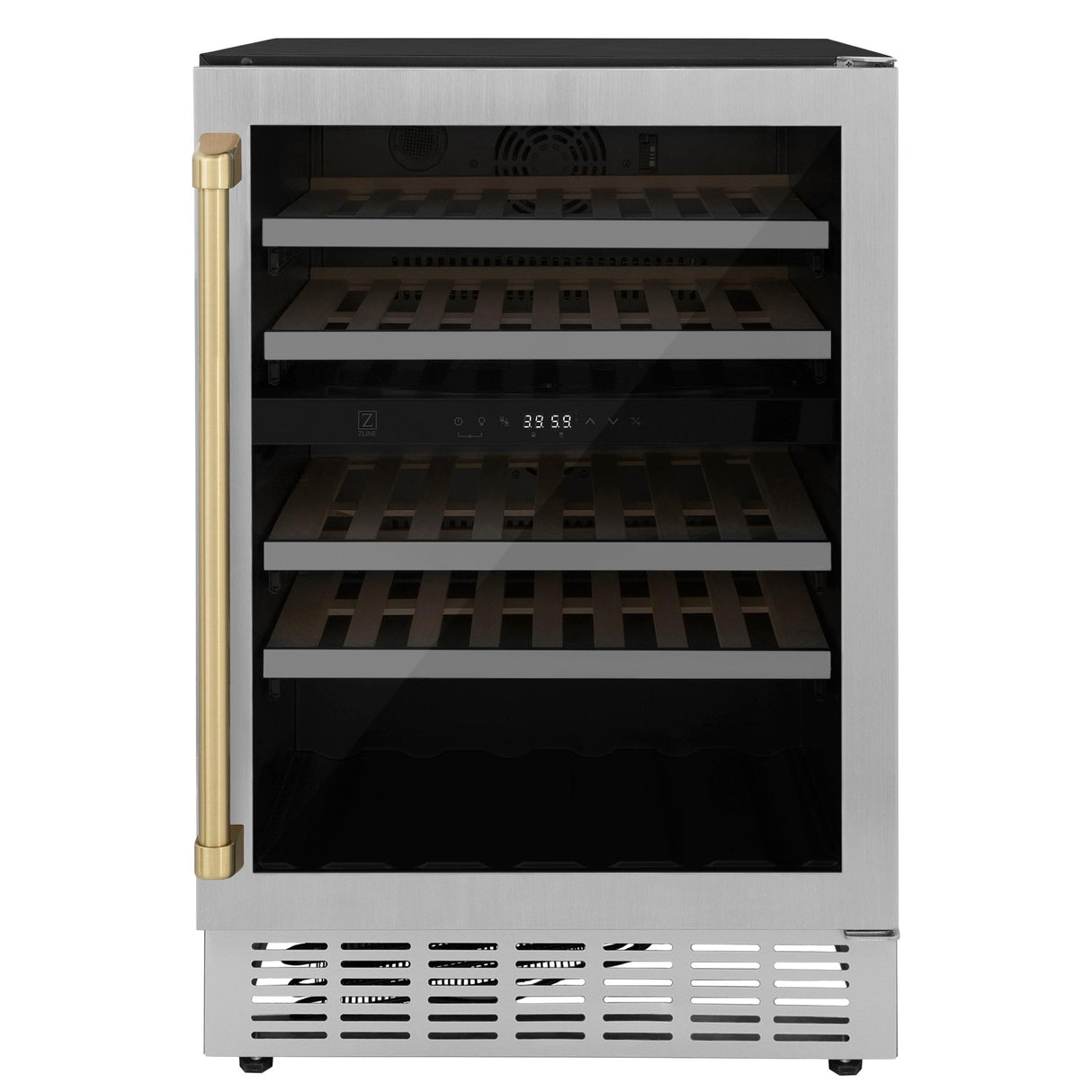 ZLINE 24" Autograph Edition Dual Zone 44-Bottle Wine Cooler in Stainless Steel with Wood Shelf and Champagne Bronze Accents (RWVZ-UD-24-CB) - (RWVZUD24CB)