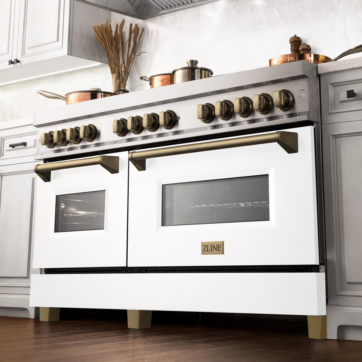 ZLINE Autograph Edition 60" 7.4 cu. ft. Dual Fuel Range with Gas Stove and Electric Oven in Stainless Steel with White Matte Door and Accents (RAZ-WM-60) [Color: Champagne Bronze] - (RAZWM60CB)