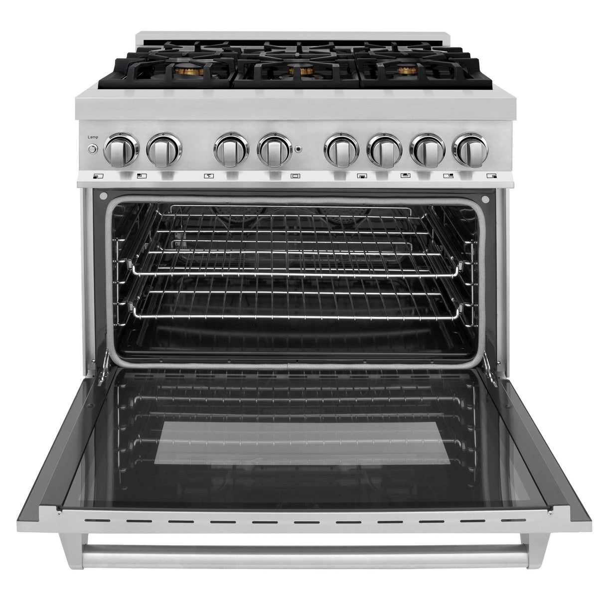 ZLINE 36 in. Dual Fuel Range with Gas Stove and Electric Oven in Stainless Steel (RA36) [Color: Stainless Steel with Brass Burners] - (RABR36)