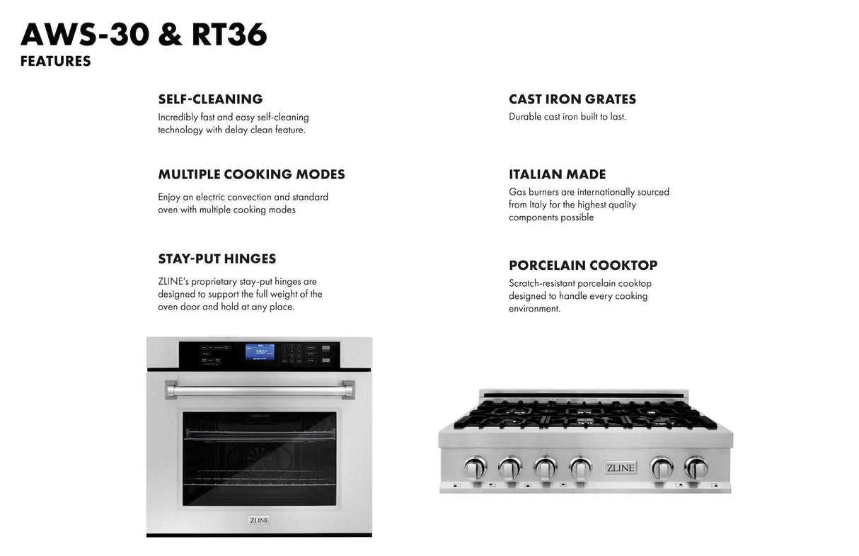 ZLINE Kitchen Package with 36 in. Stainless Steel Rangetop and 30 in. Single Wall Oven (2KP-RTAWS36) - (2KPRTAWS36)