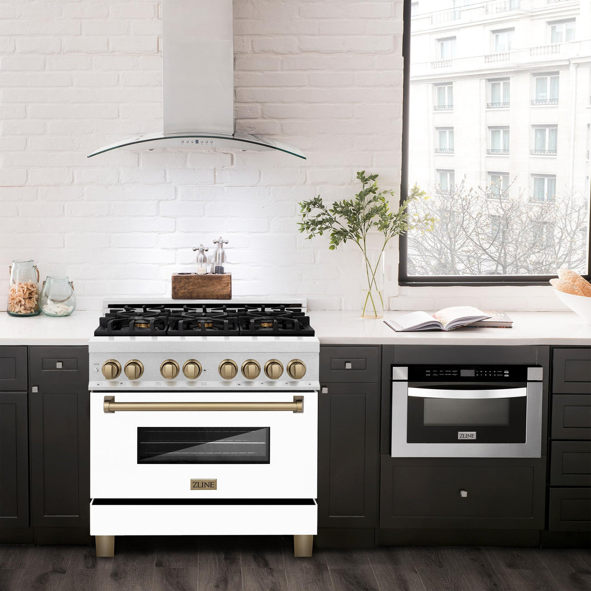 ZLINE Autograph Edition 36" 4.6 cu. ft. Dual Fuel Range with Gas Stove and Electric Oven in DuraSnow Stainless Steel with White Matte Door and Accents (RASZ-WM-36) [Color: Champagne Bronze] - (RASZWM36CB)