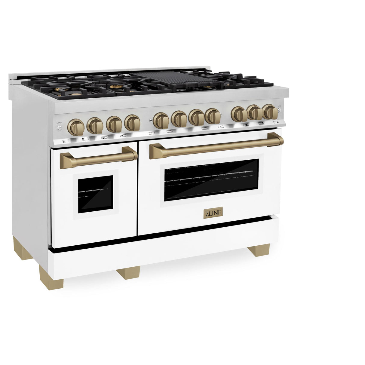 ZLINE Autograph Edition 48" 6.0 cu. ft. Dual Fuel Range with Gas Stove and Electric Oven in Stainless Steel with White Matte Door with Accents (RAZ-WM-48) [Color: Champagne Bronze] - (RAZWM48CB)