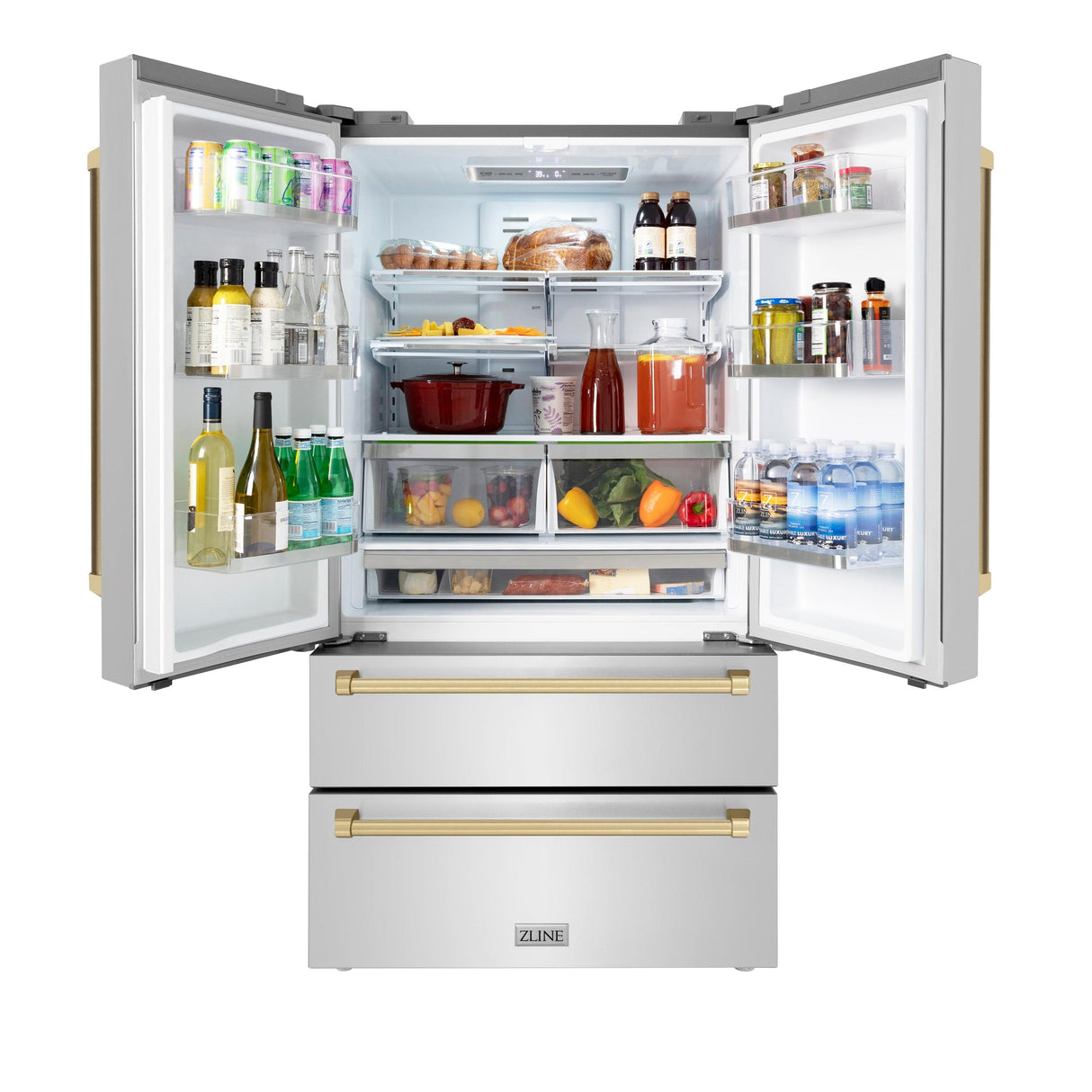 ZLINE 36" Autograph Edition 22.5 cu. ft 4-Door French Door Refrigerator with Ice Maker in Fingerprint Resistant Stainless Steel with Traditional Handles [Color: Gold Accents] - (RFMZ36G)